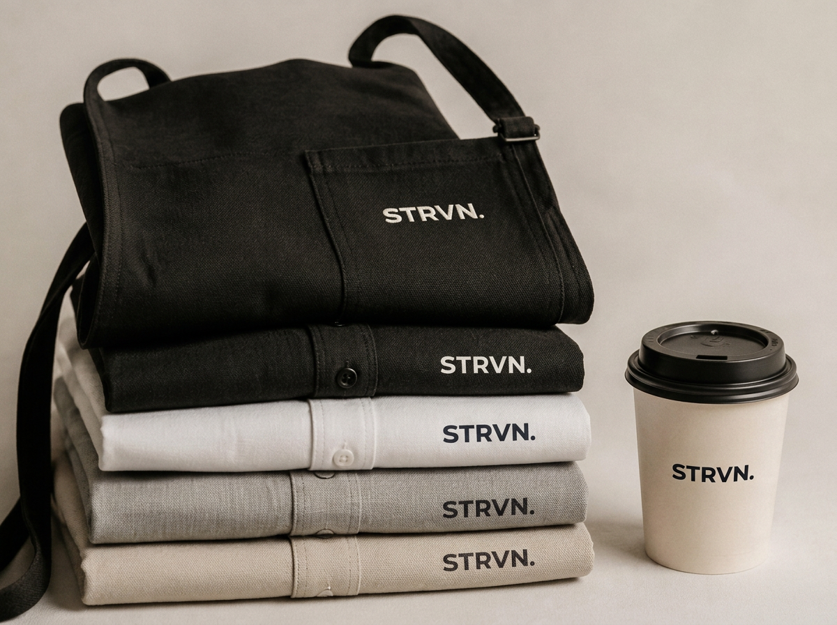 STRVN branded aprons and shirts showing a hospitality uniform capability
