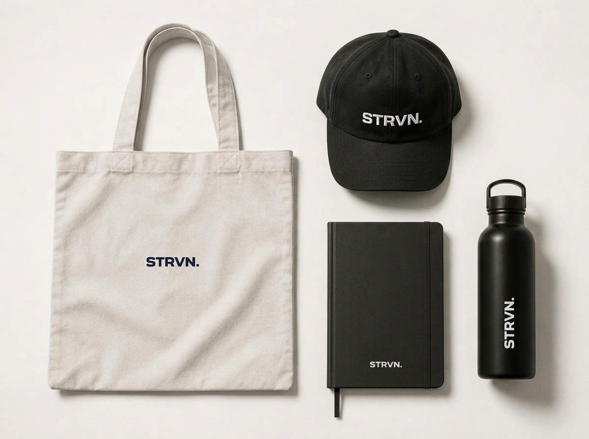 STRVN branded tote, cap, notebook and bottle showing merchandise options