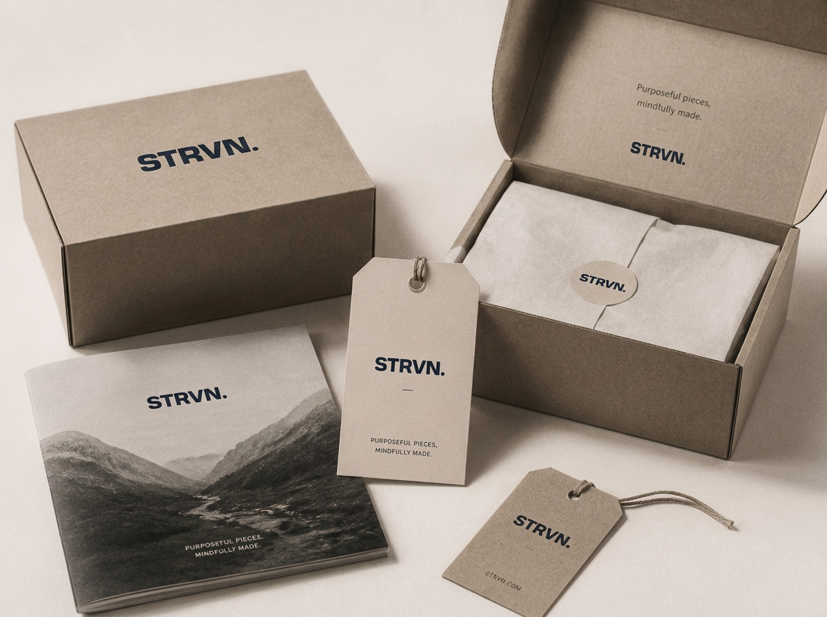 STRVN branded boxes, swing tags and booklet showing packaging options